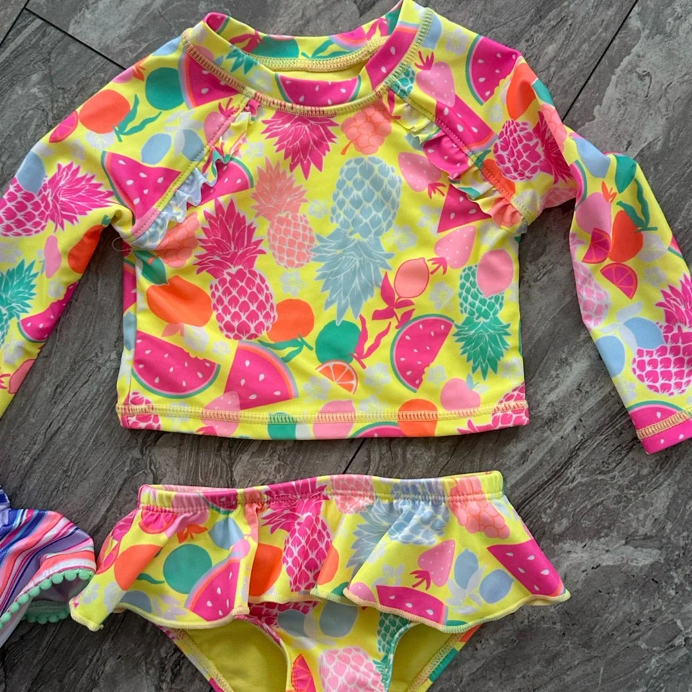 Girls Neon Pineapple Swim Set + Striped One-Piece - Bright Yellow &‎ Pink LOT